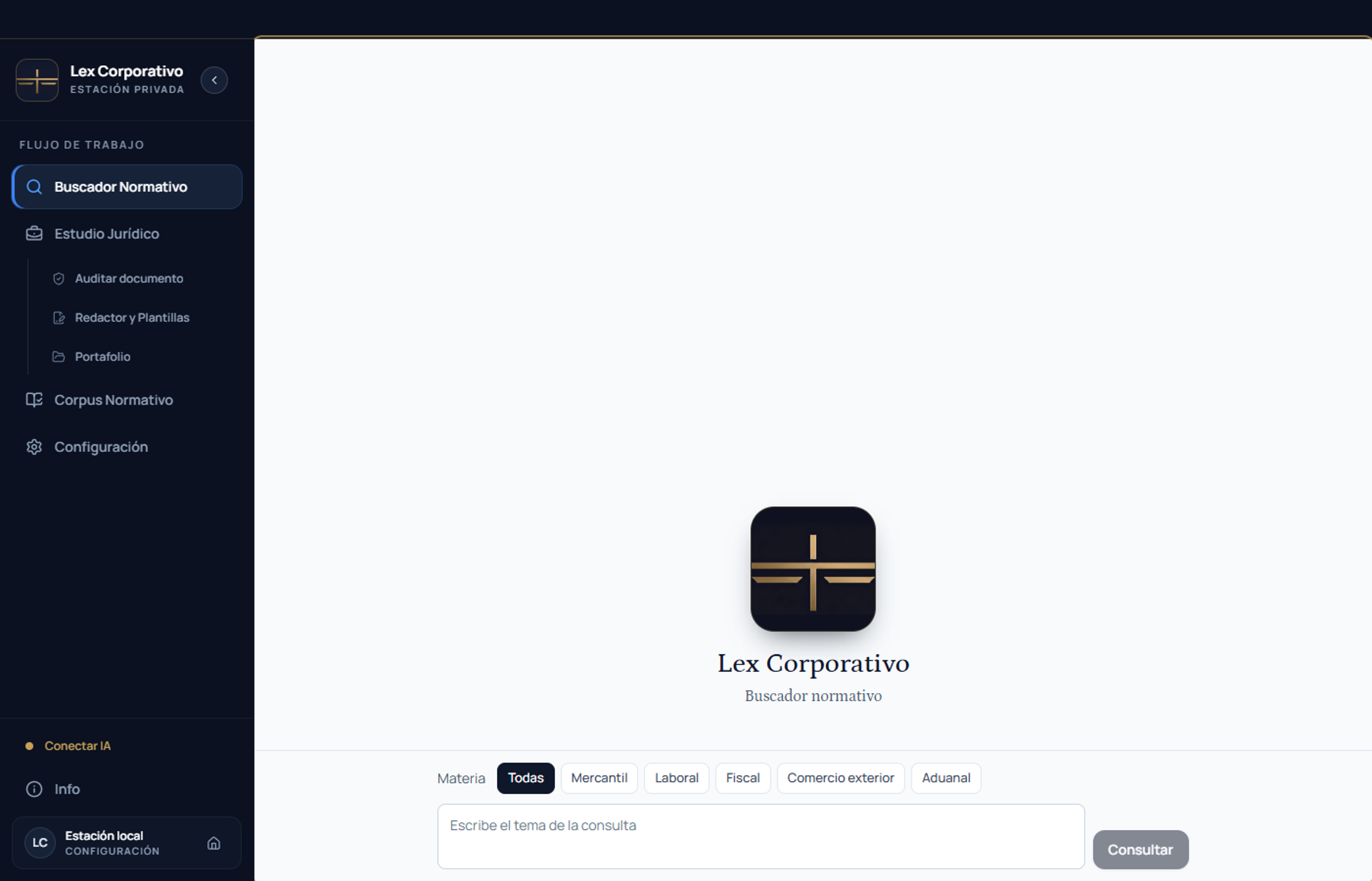 Captura real de Lex Corporativo Desktop en el Buscador normativo, con filtros por materia y campo de consulta.