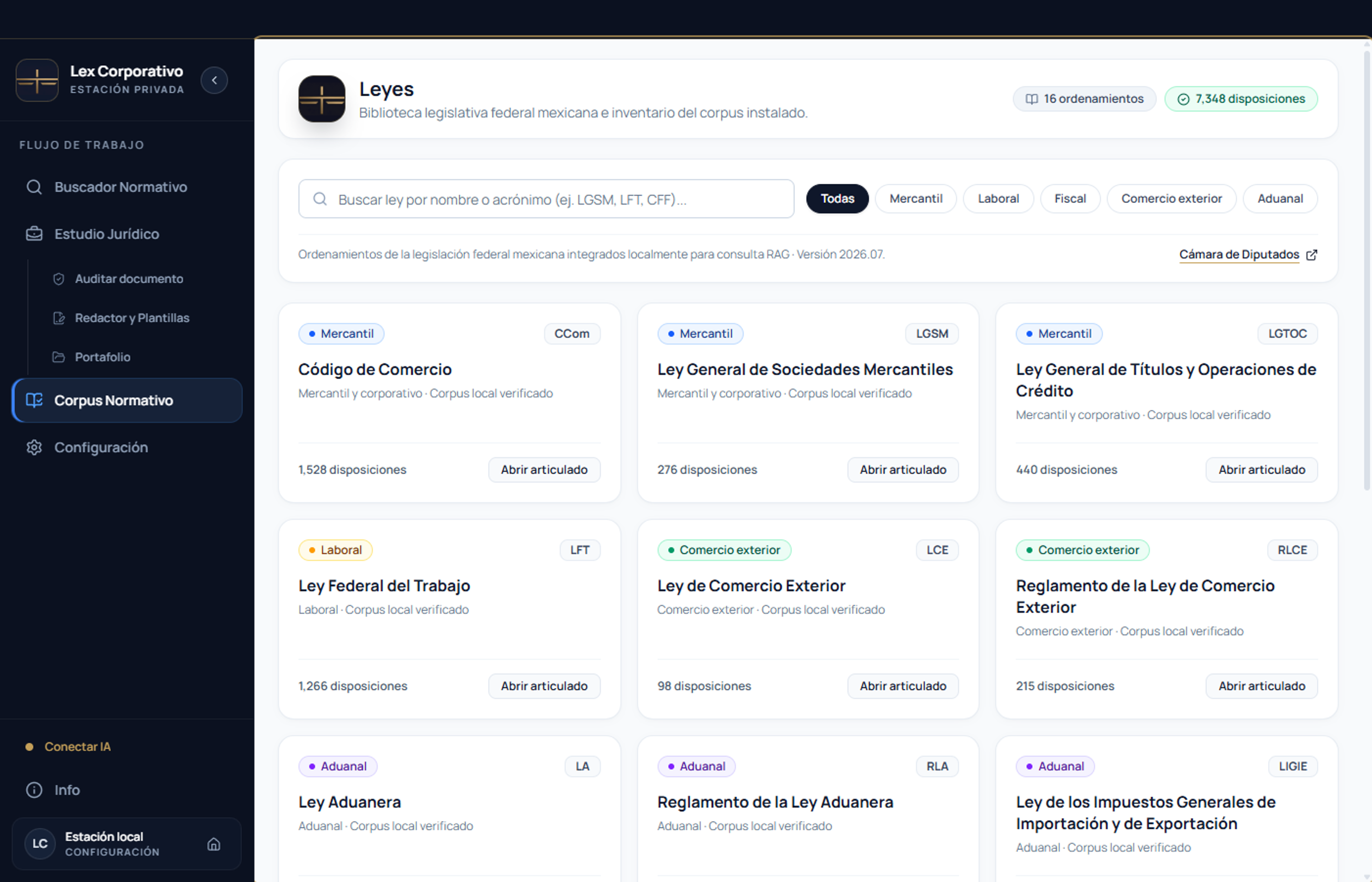 Captura real de Lex Corporativo Desktop en el Corpus normativo, con 16 normas y 7,348 artículos y reglas.