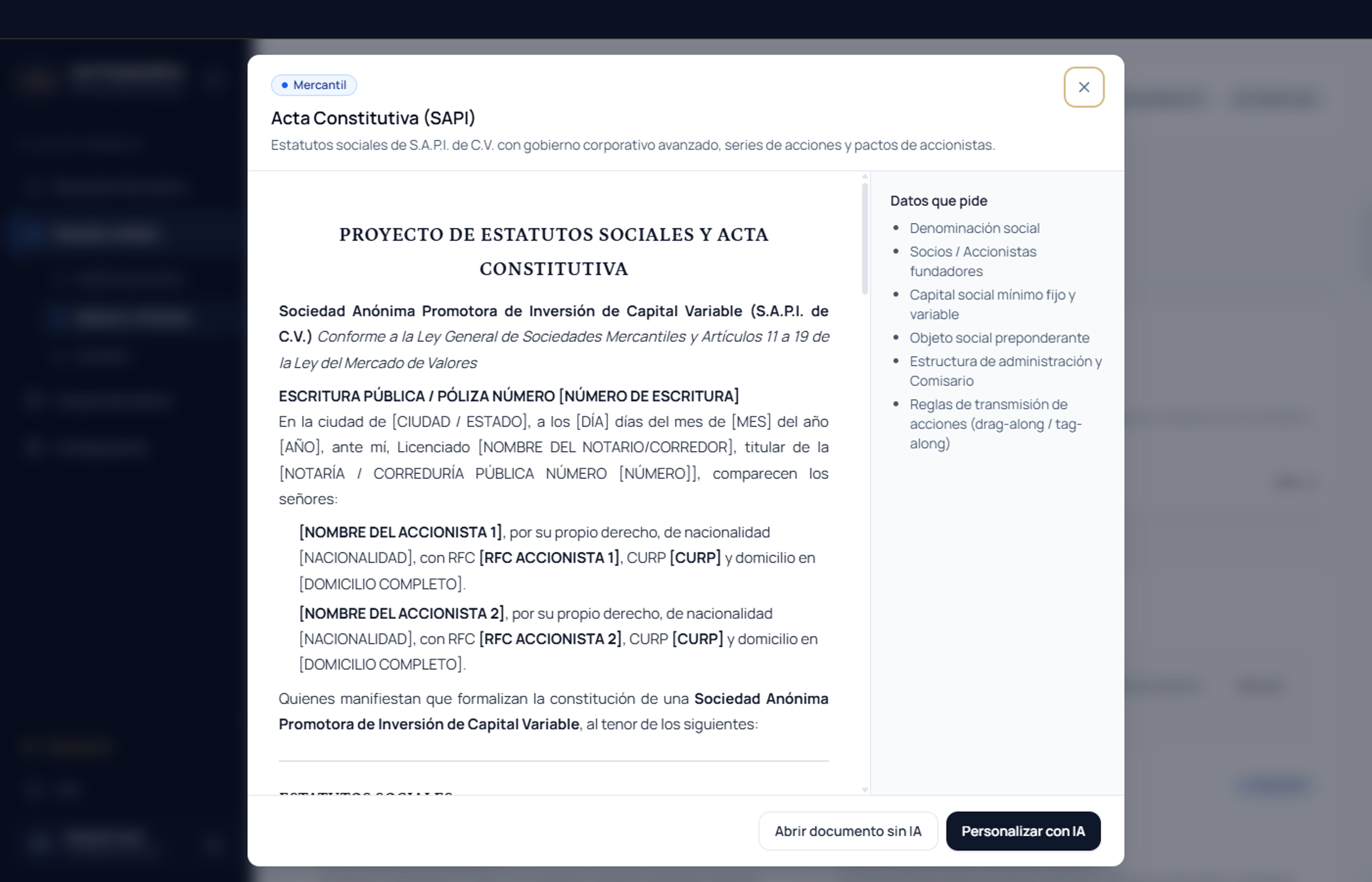Captura real de Lex Corporativo Desktop con una plantilla de Acta Constitutiva (SAPI) con campos estructurados.